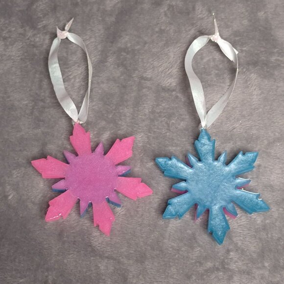 Handmade Snowflake Ornaments 4 in Pink & Blue Resin Glitter Ribbon Hangers - Picture 2 of 4